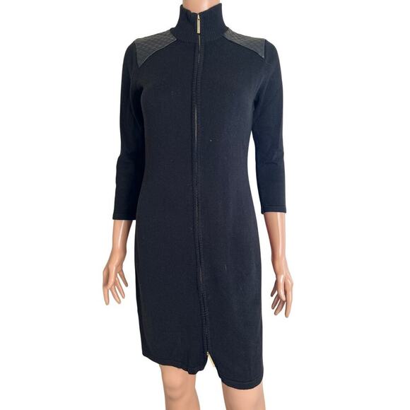 Calvin Klein Black Full Zip Sweater Dress Leather quilted Shoulders gold SZ SM - Picture 2 of 8
